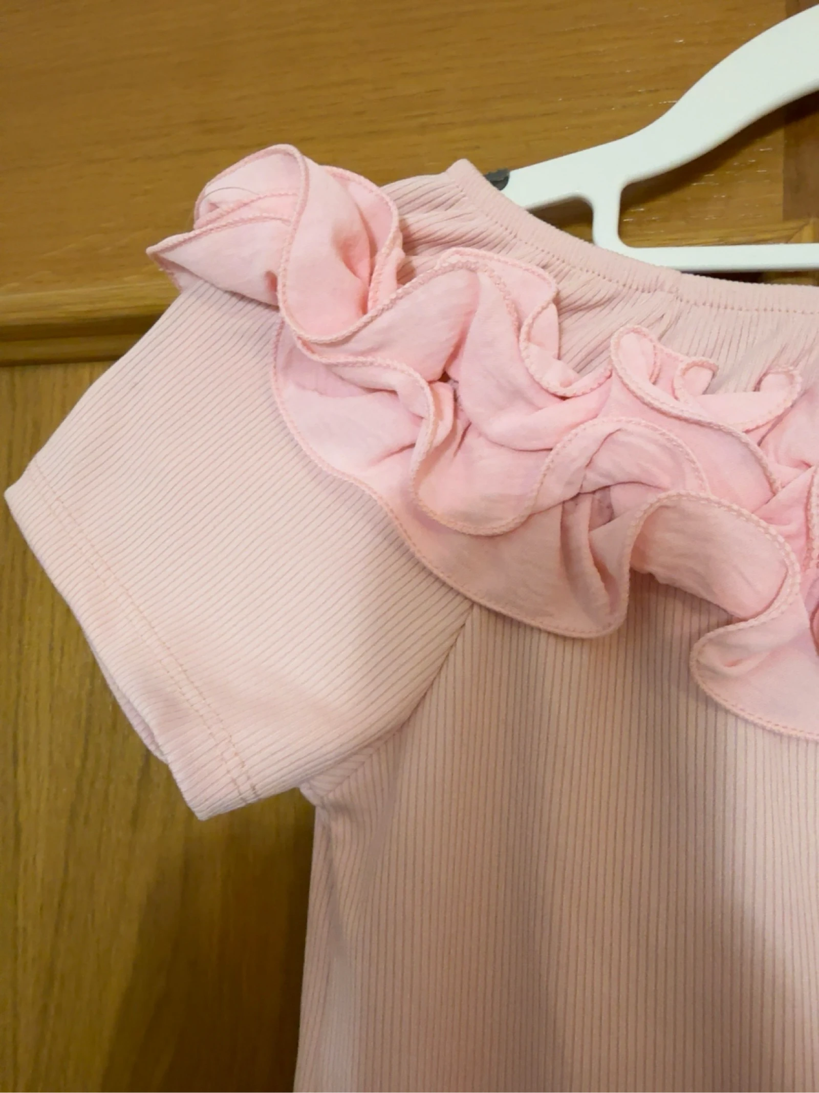 Pink bardot ribbed blouse with ruffle S-M – photo 3